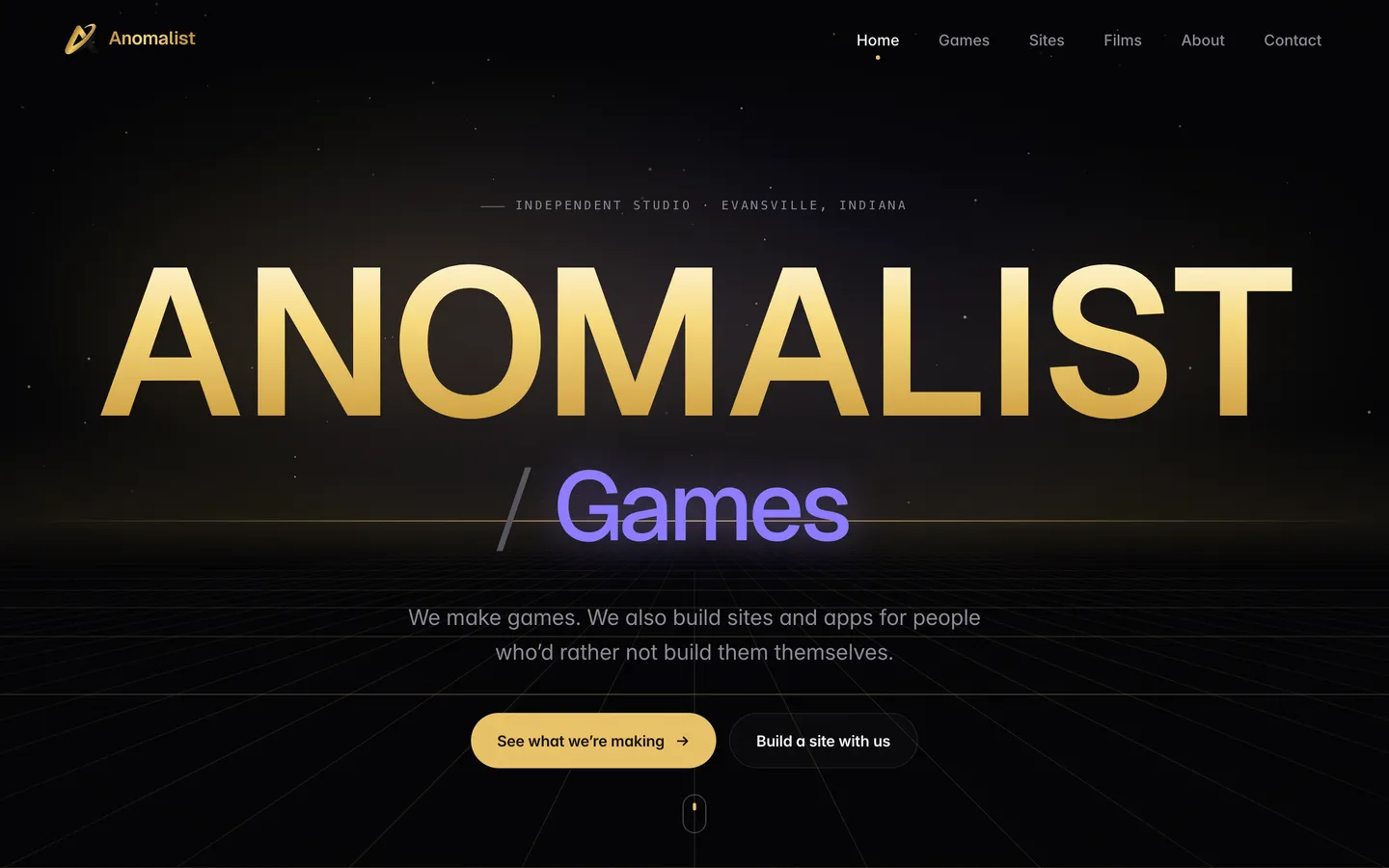 The Anomalist website’s home page: “a studio that makes games, and builds sites and apps”