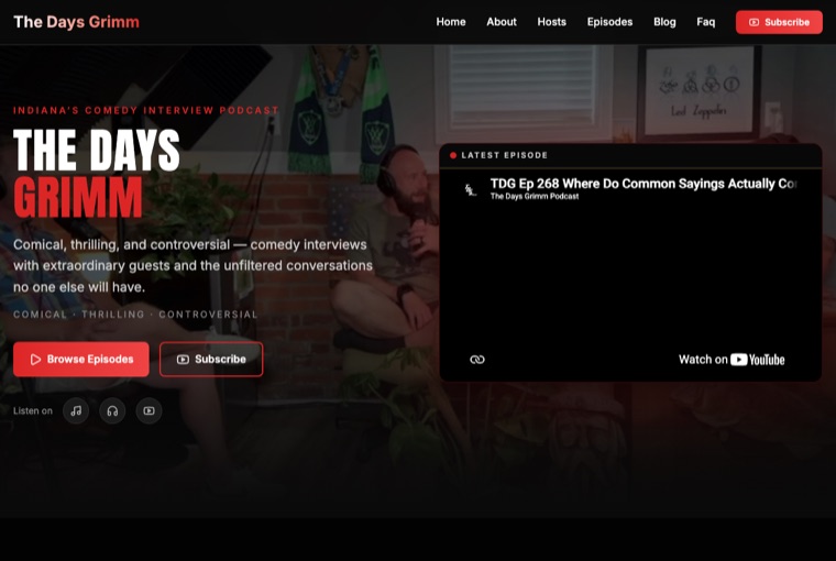 The Days Grimm website, featuring its podcast studio and episode player